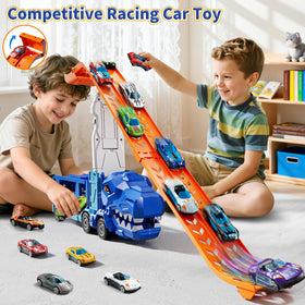 GYYCKTD race track truck toy includes twelve die-cast cars for play