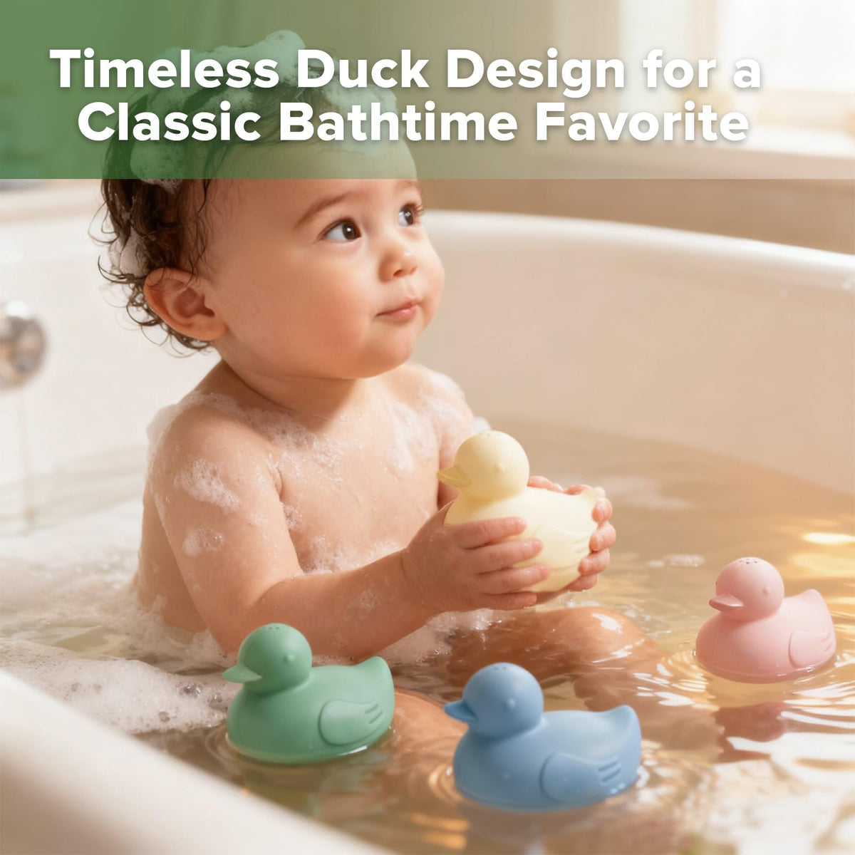 haakaa Dinky Splash Duck water spray feature promotes cause-and-effect play during baths.