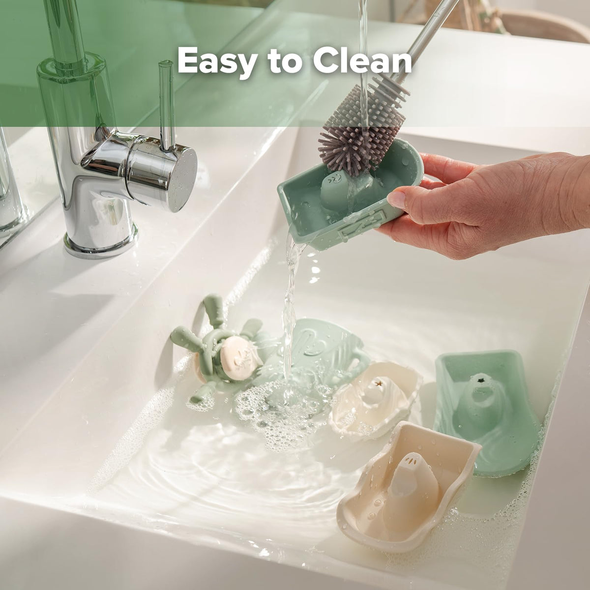Haakaa rounded edges safety close-up showcases family friendly bath toys.