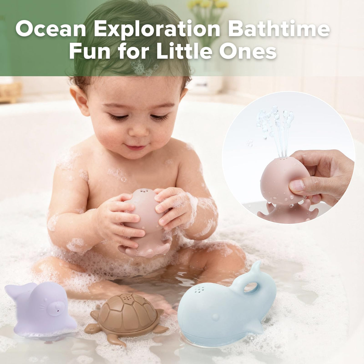 haakaa Ocean Squirter whale bath toy supports grasping and splash education.