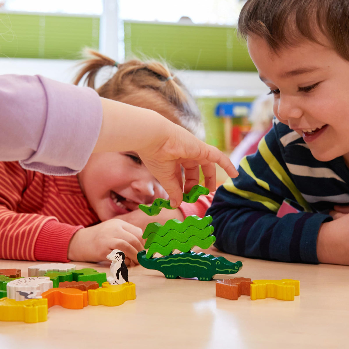 HABA Animal Upon Animal lizards wood highlights durable, sustainable materials.