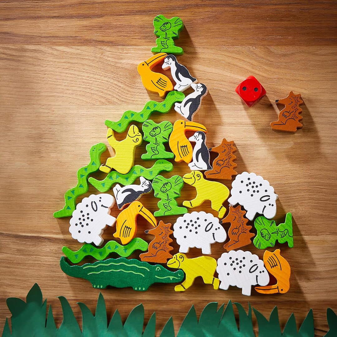HABA Animal Upon Animal monkeys tower illustrates cooperative play for 2–4 players.
