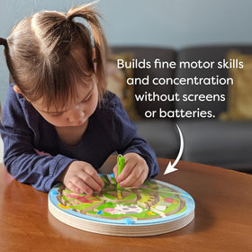 HABA Busy Board measures nine-point-five inches, a compact travel size