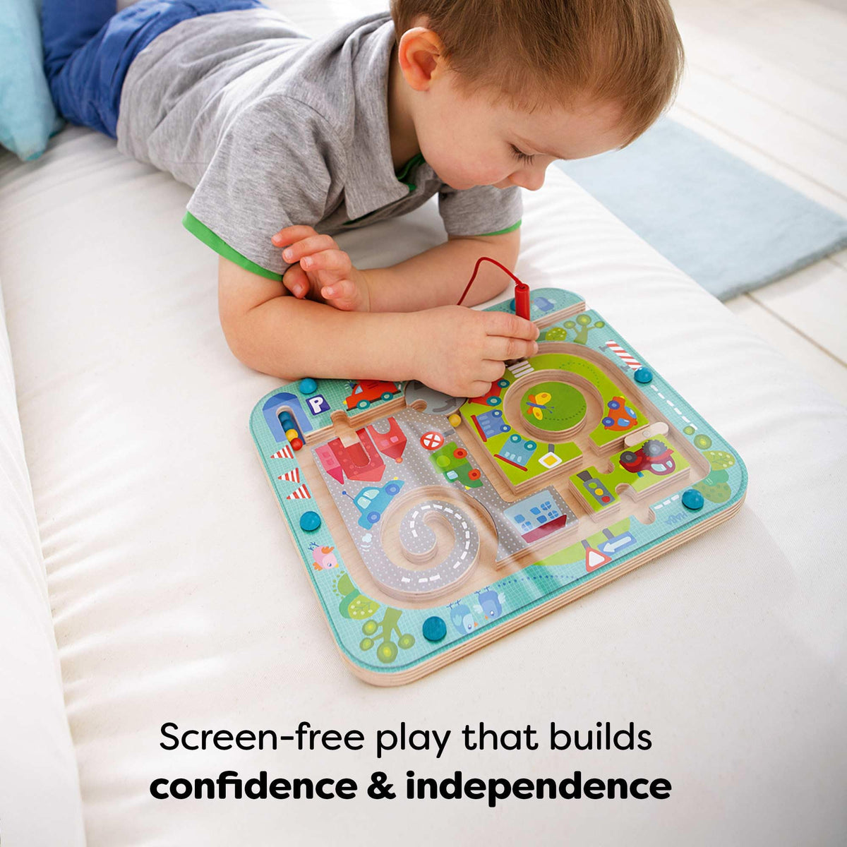 HABA Busy Board supports toddlers on road trips with screen-free fun.