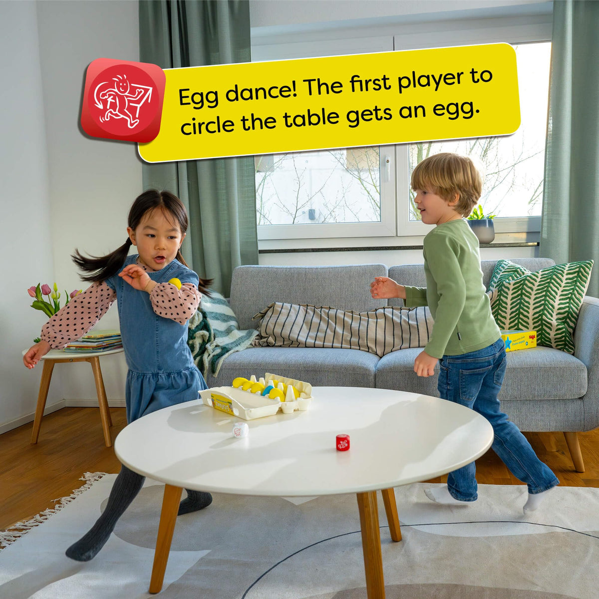 HABA Dancing Eggs with two dice speeds rounds and adds challenge.