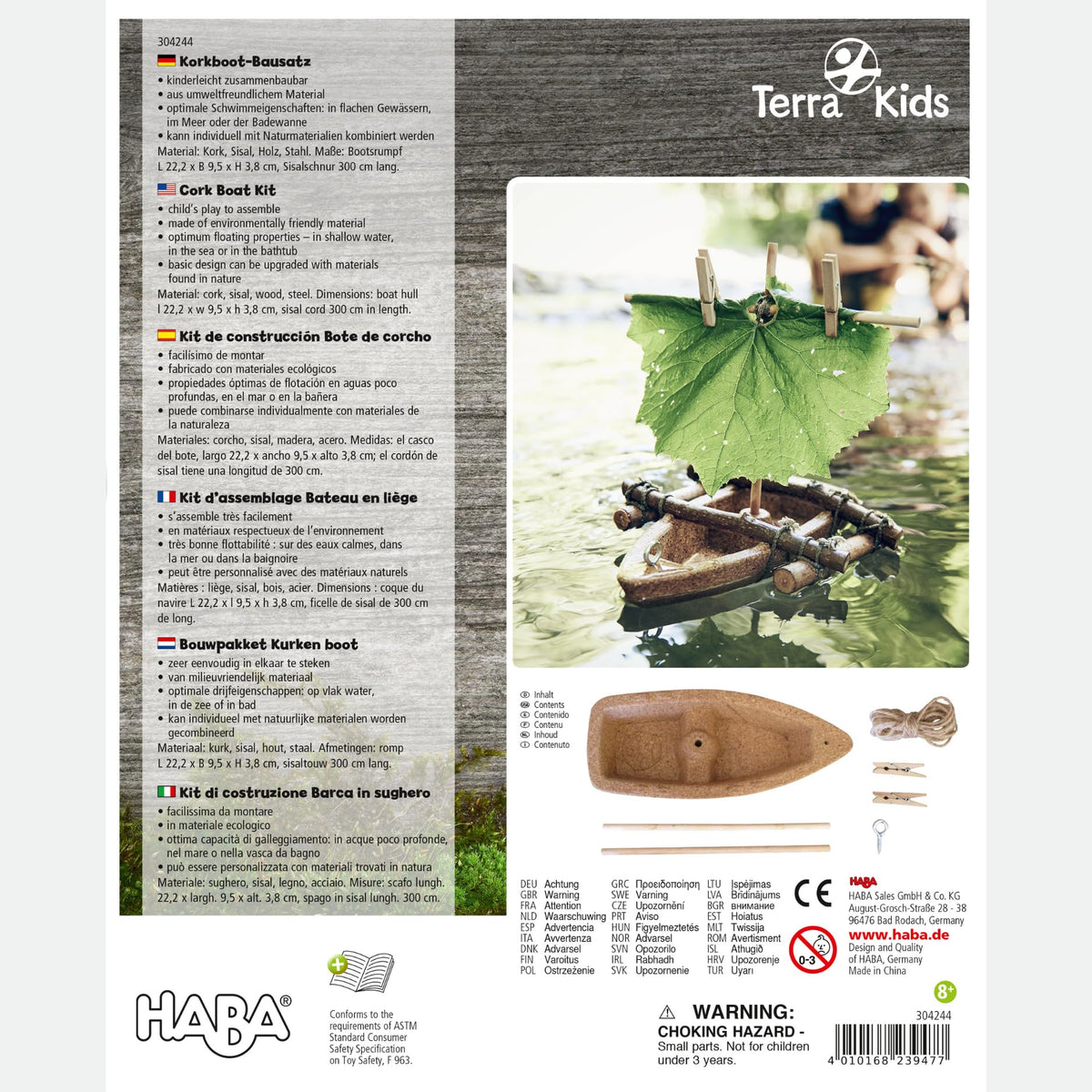 HABA DIY Cork Boat compact packaging ideal for travel and camping.