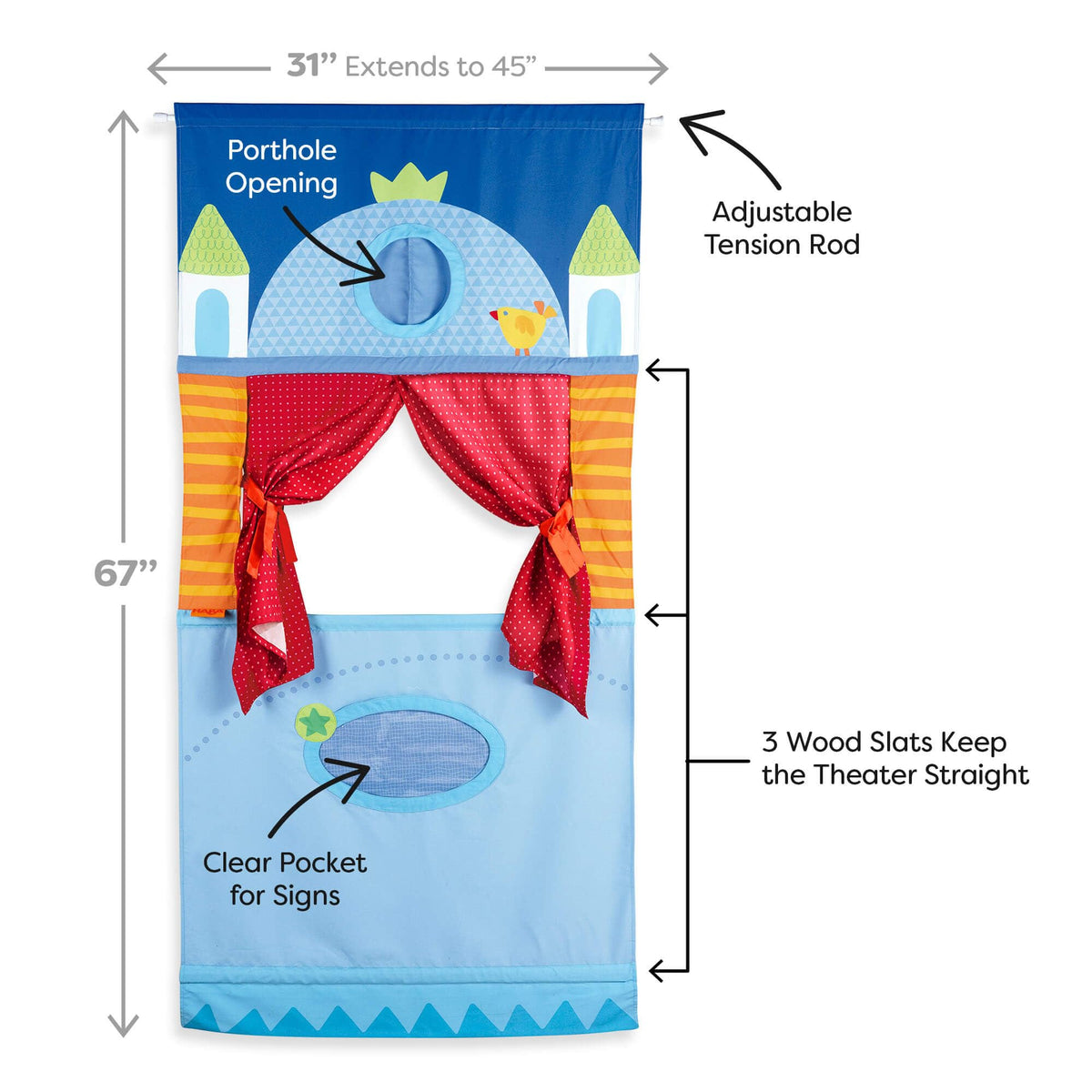 HABA Doorway Puppet Theater adjustable rod fits tall door frames for bigger shows.