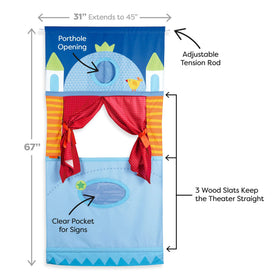 HABA Doorway Puppet Theater adjustable rod fits tall door frames for bigger shows.