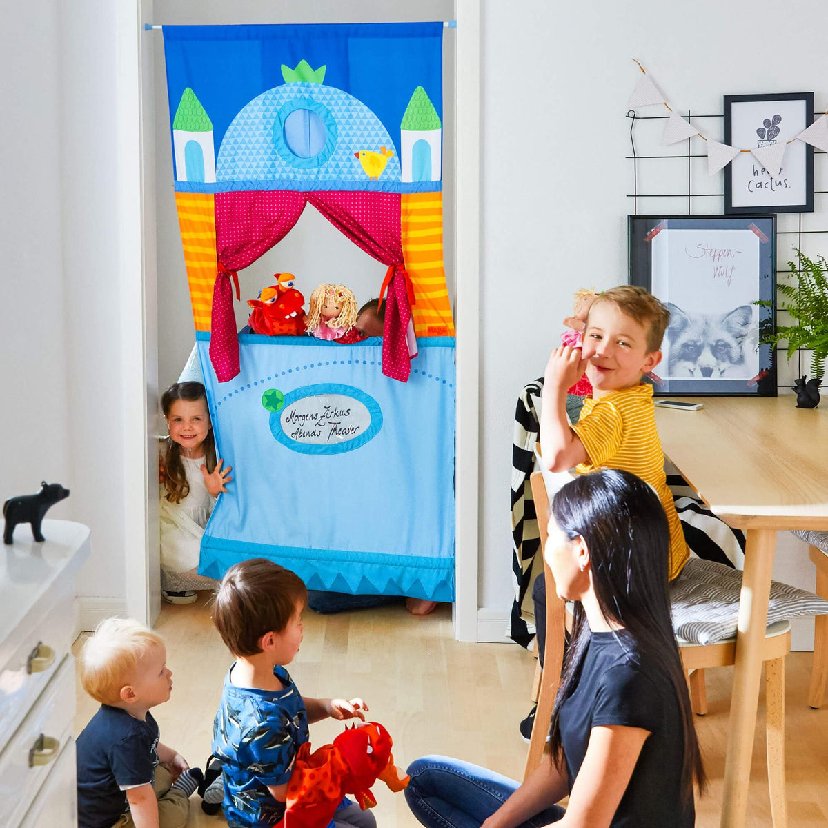 HABA Doorway Puppet Theater easily fits standard door frames.
