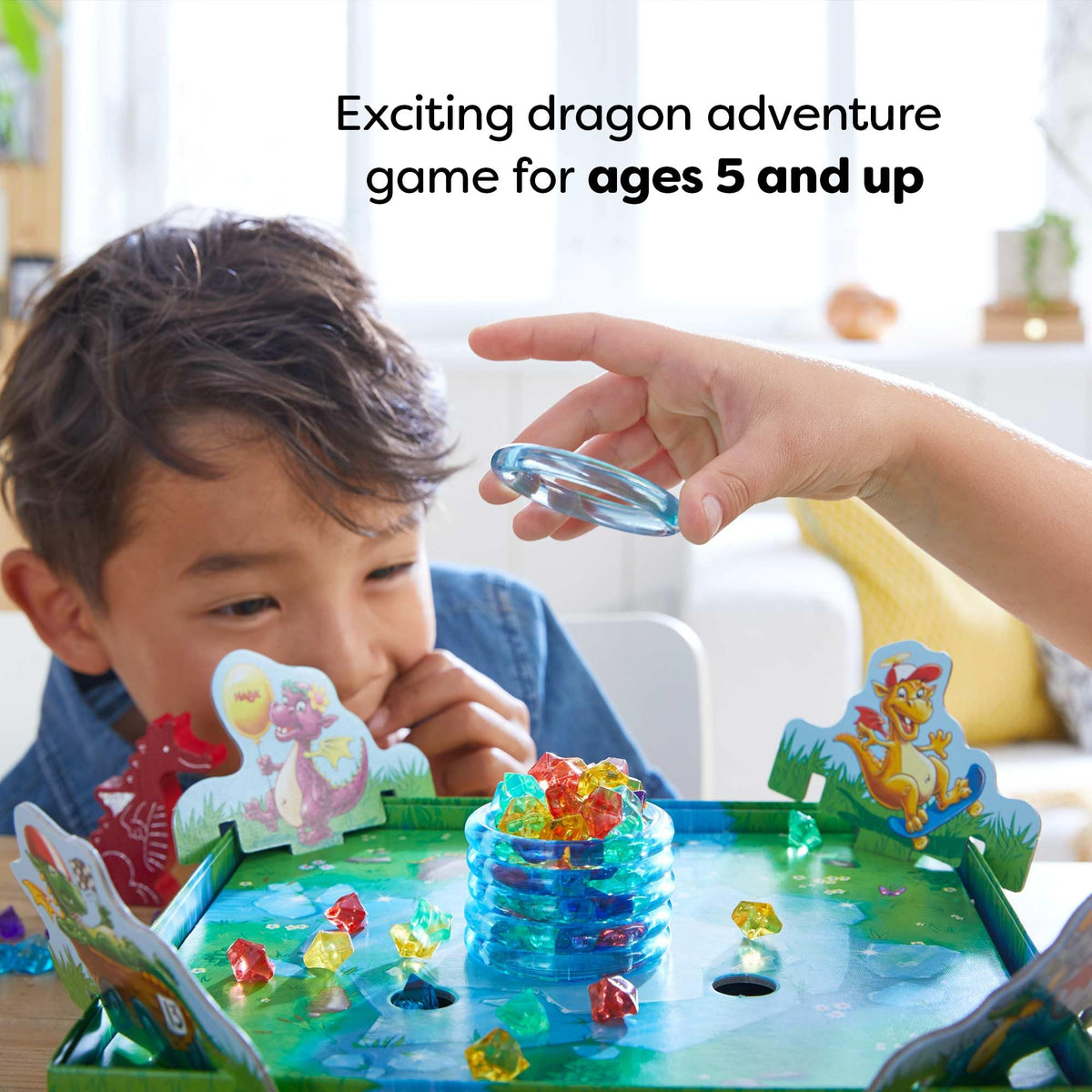 HABA Dragon's Breath dice and gems sparkle during play for counting practice