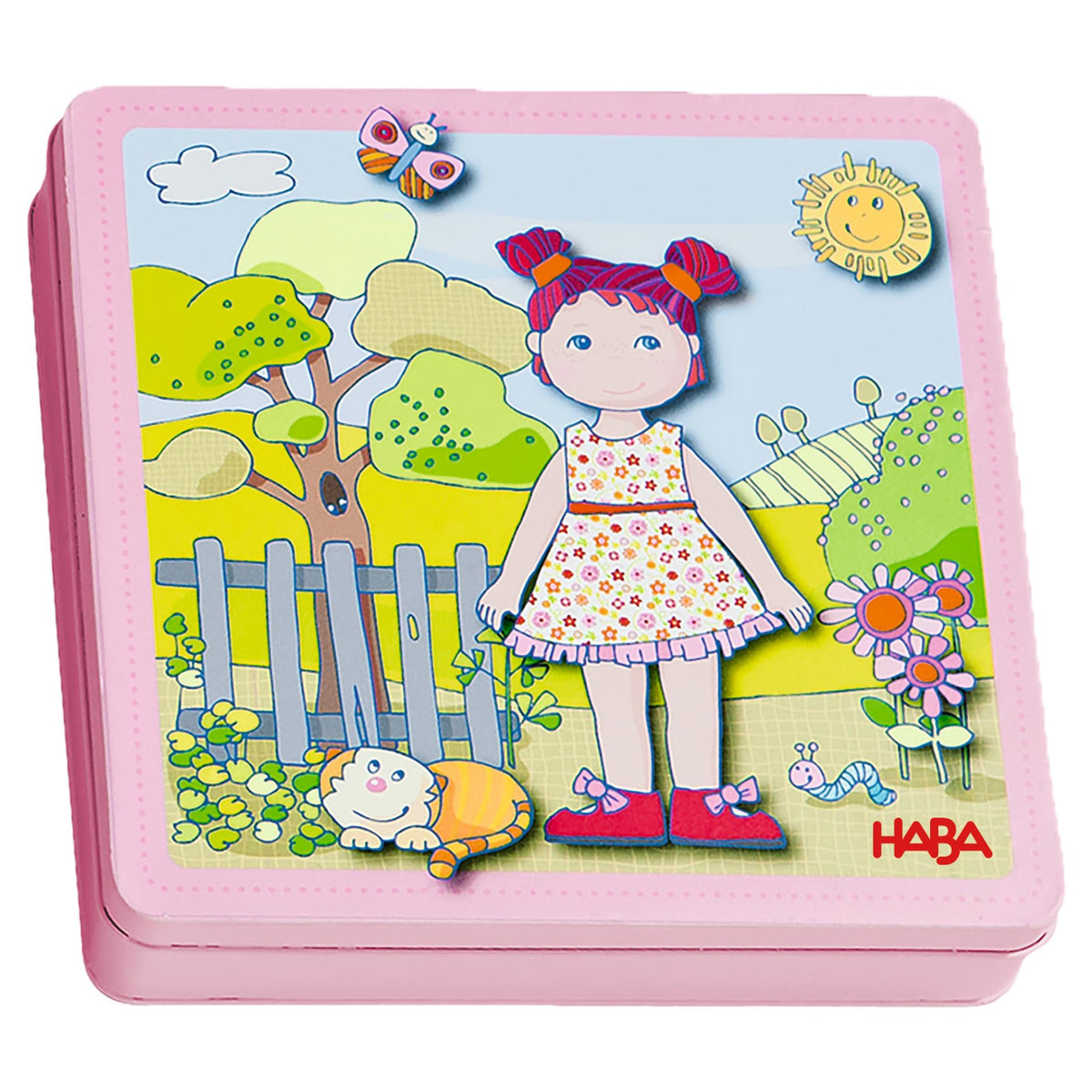 HABA Dress-Up Doll Magnetic Game Box with magnetic pieces spread for creative play on the go