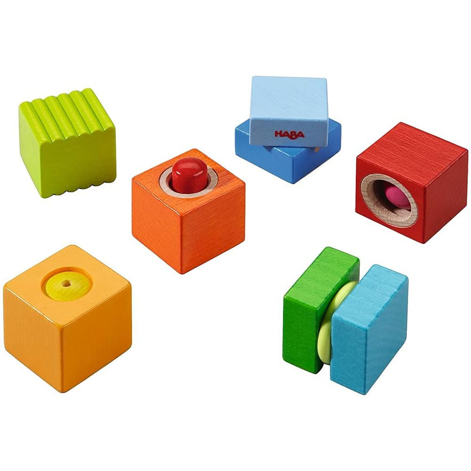 HABA Fun with Sounds blocks close-up stacking for tactile exploration