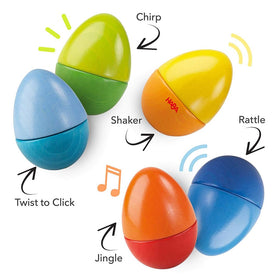 HABA Fun with Sounds wooden eggs color closeup, supports color recognition and motor skills