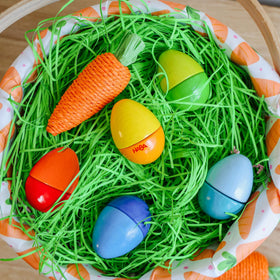 HABA Fun with Sounds wooden eggs rattle egg, demonstrates tactile feedback and auditory variety