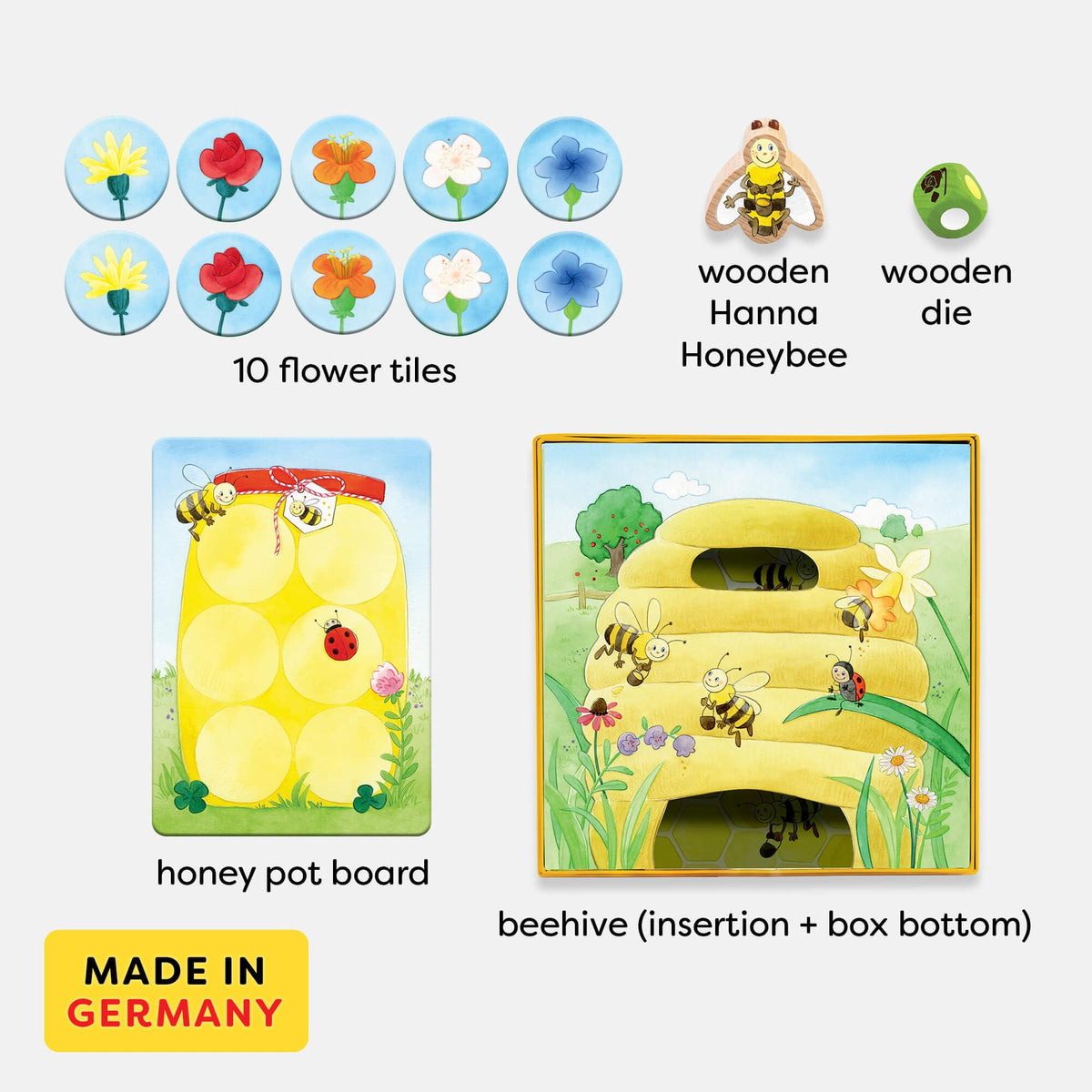 HABA Hanna Honeybee honey tiles illustrate collecting goals and teamwork.