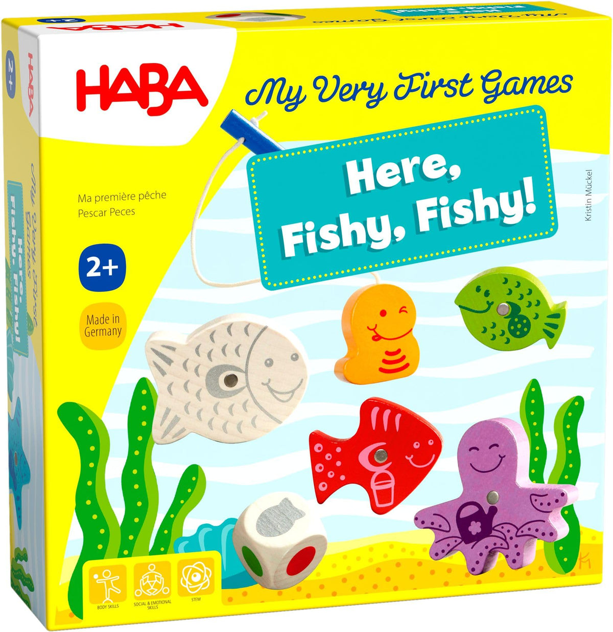 HABA Here Fishy Fishy magnetic fishing rod for toddler play and hand-eye coordination.
