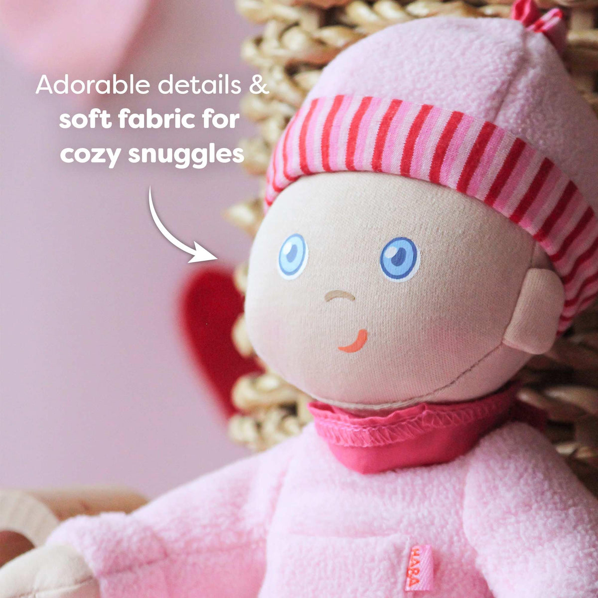 HABA Luisa Snug Up Doll is machine washable for easy cleaning.