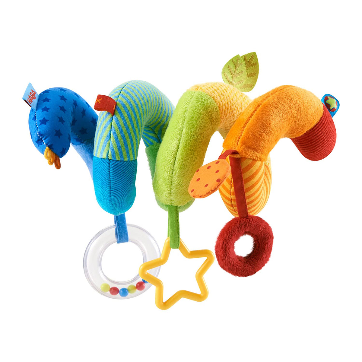 HABA Rainbow Activity Spiral attached to car seat for on-the-go sensory play