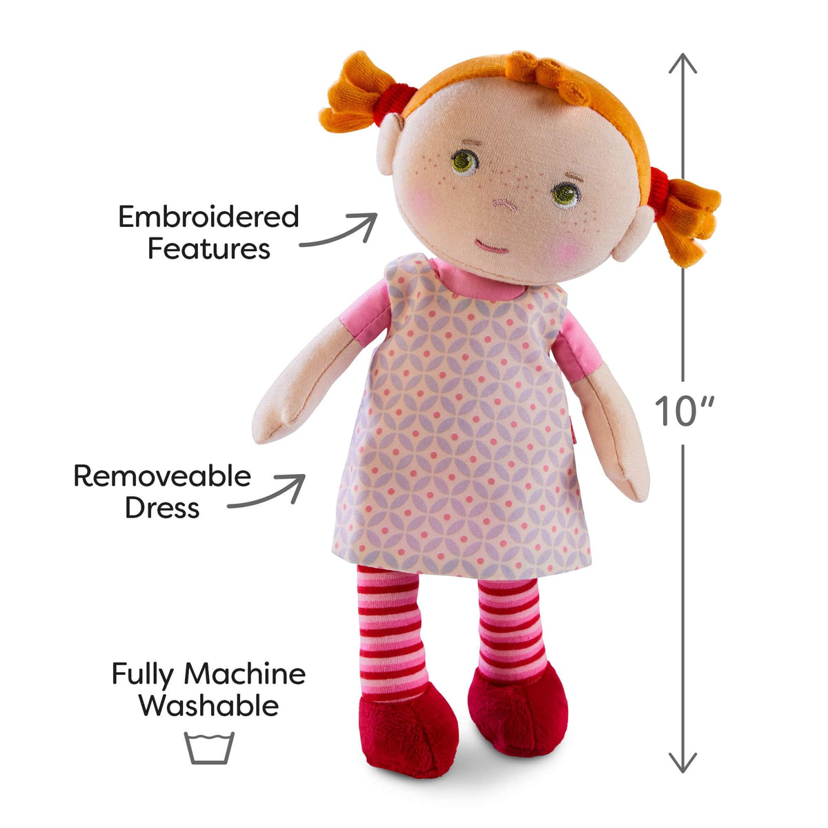 HABA Roya red pigtails, eye-catching accent for dressing up and storytelling.