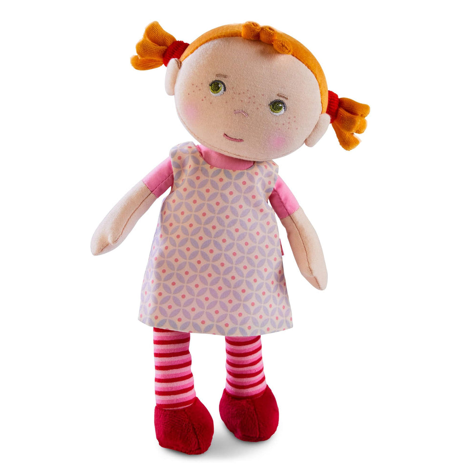 HABA Roya soft doll with red hair close-up for comforting snuggles and imaginative play.