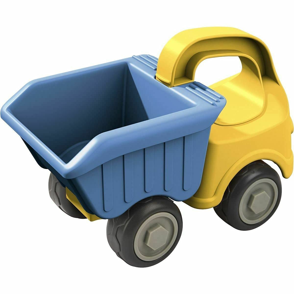 HABA toddler-friendly dump truck with easy-grip design supports safe hands-on play.