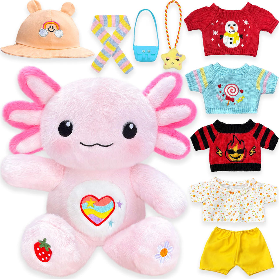 HACHIMI Axolotl Plush with dress-up kit for imaginative play and cuddles.