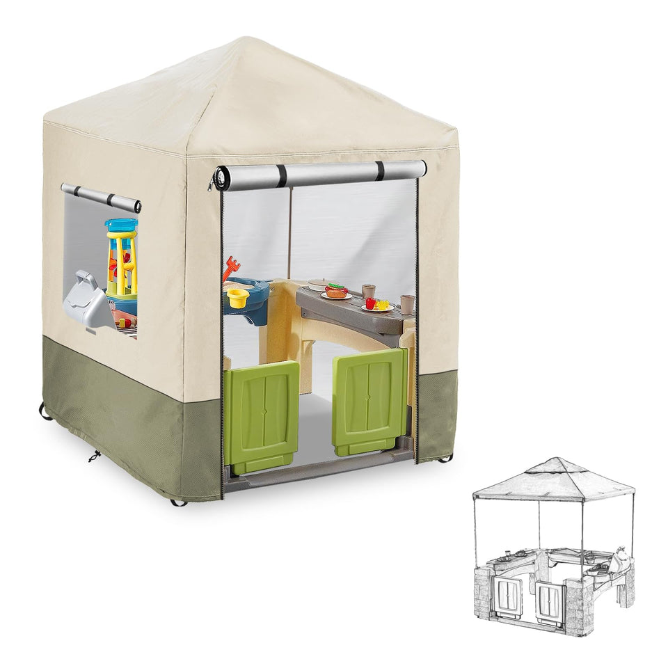 Hadisi outdoor playhouse cover front view protecting a kids' playhouse from rain and sun.