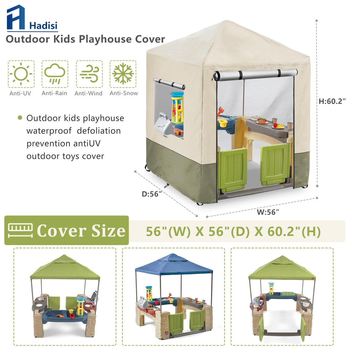 Hadisi outdoor playhouse cover side view showing weatherproof fabric and snug fit.