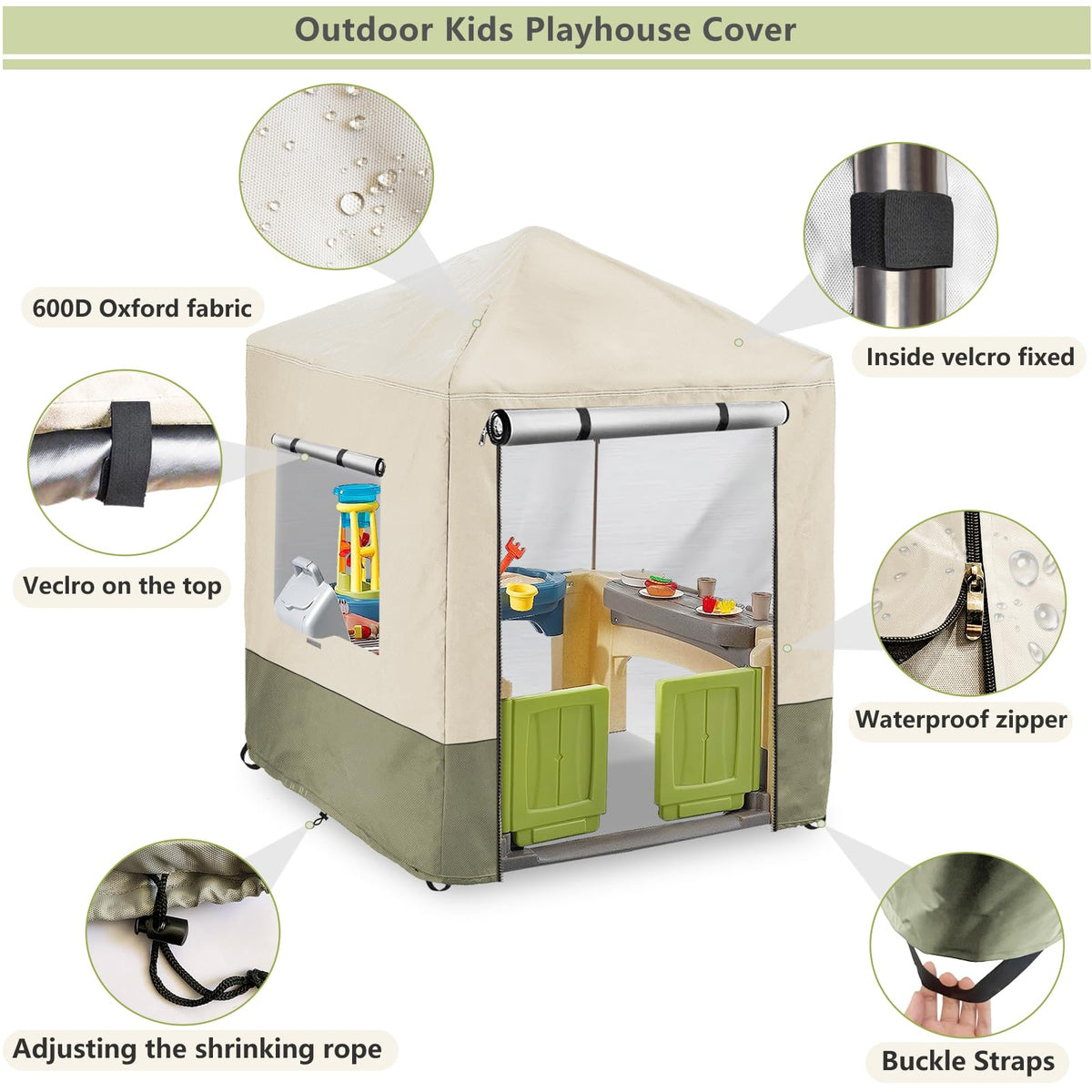Hadisi outdoor playhouse cover wind buckle detail securing cover in windy weather.