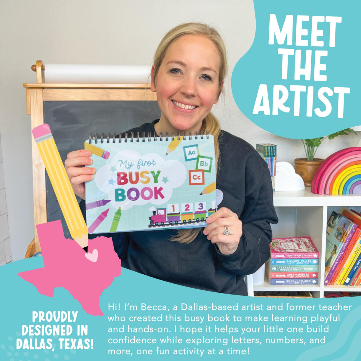 Hadley Designs busy book pages close-up reveal colorful activities for numbers and letters.