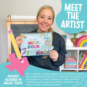 Hadley Designs busy book pages close-up reveal colorful activities for numbers and letters.