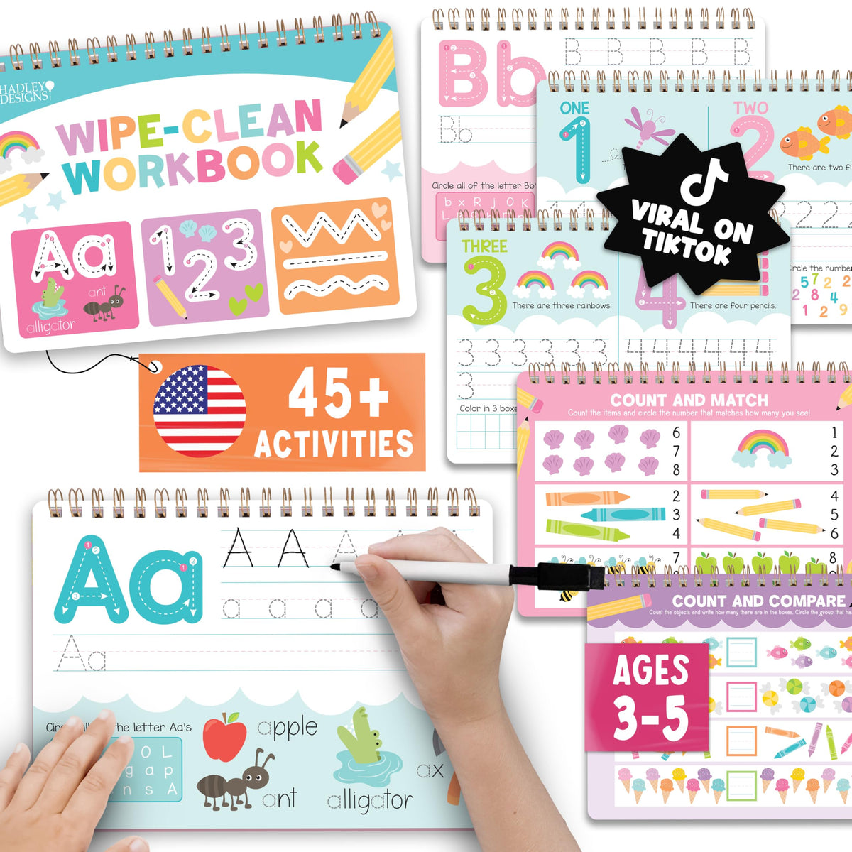 Hadley Designs dry erase ABC tracing pages for kids ages 3-5, reusable handwriting practice.