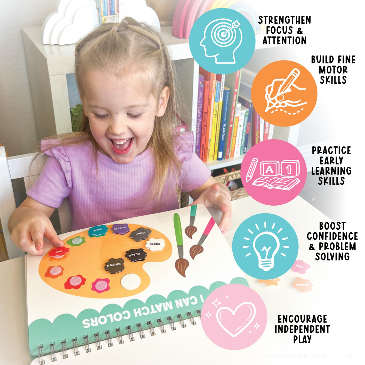 Hadley Designs quiet time layout demonstrates screen-free entertainment for toddlers.