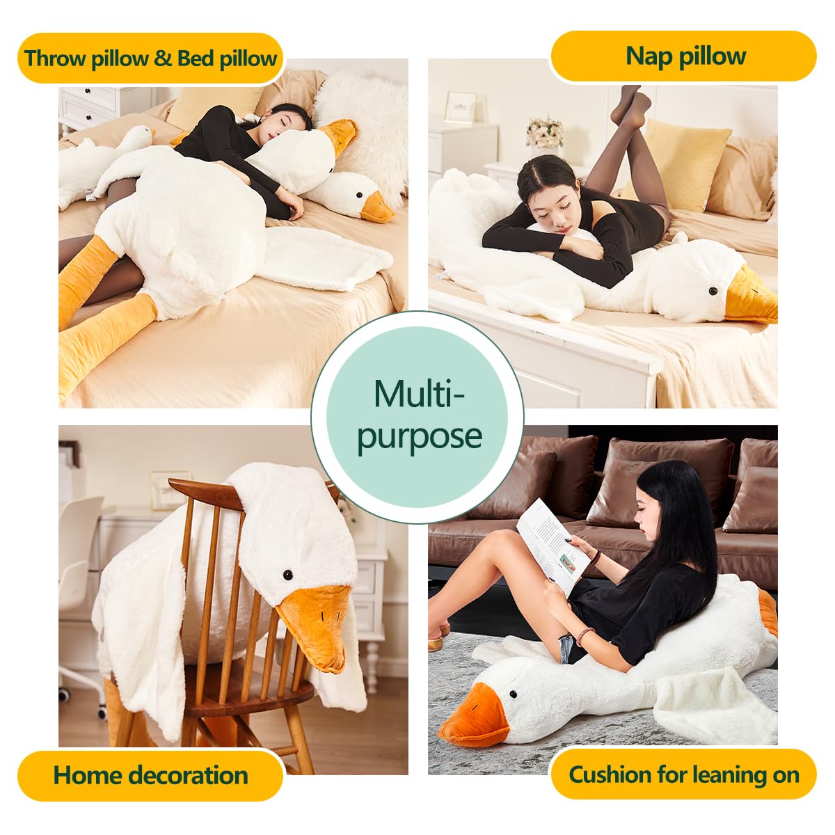 Decorative plush goose on sofa adds warm ambiance
