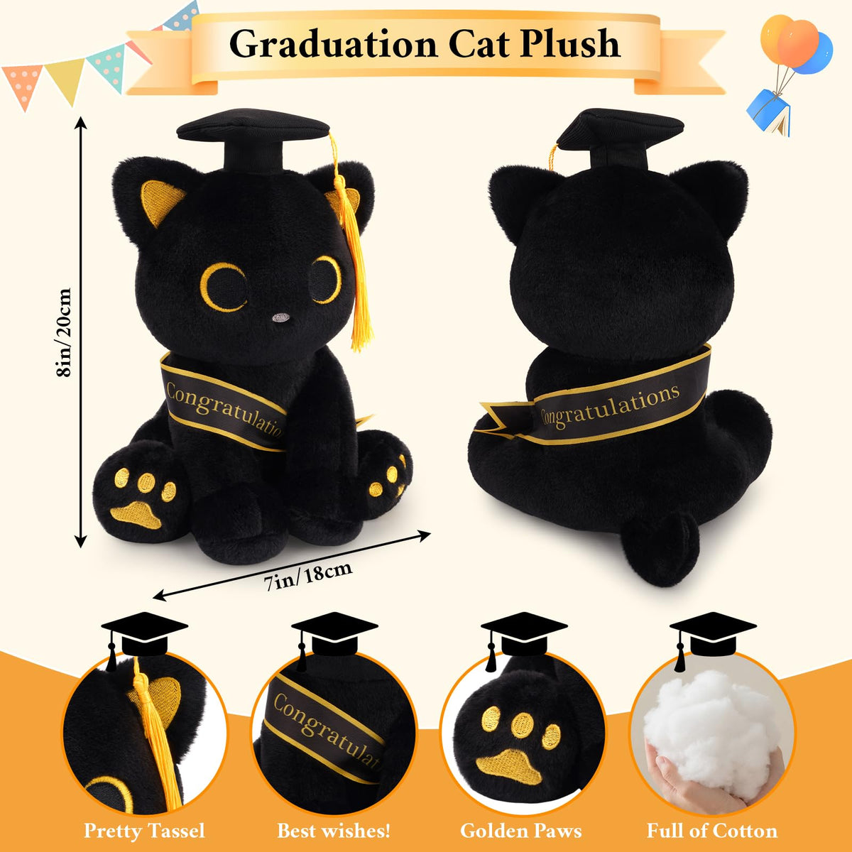 Hagusahuo 2026 edition cat plush with golden tassel, collectible graduation gift