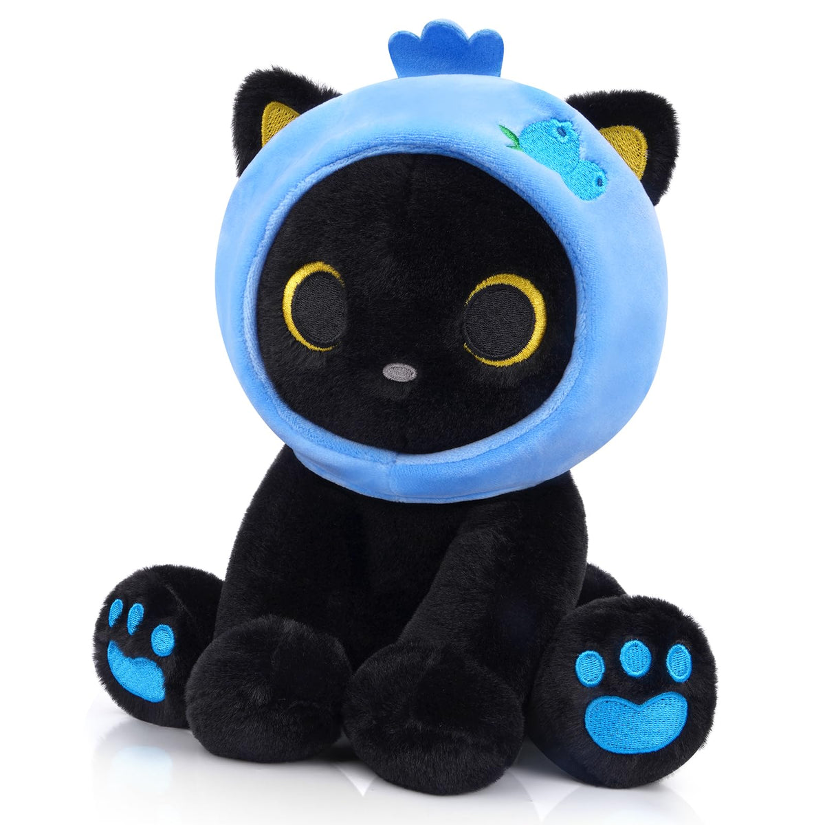 Hagusahuo Black Cat Plush with blueberry headpiece—soft cuddle buddy for kids.