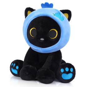 Hagusahuo Black Cat Plush with blueberry headpiece—soft cuddle buddy for kids.