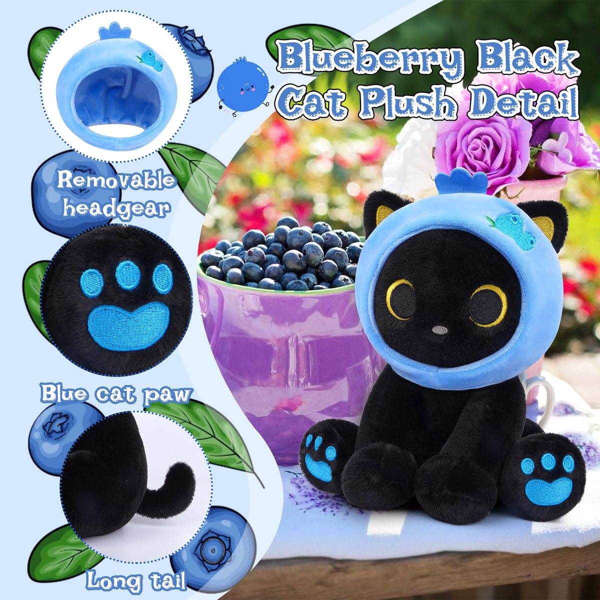 Hagusahuo Black Cat Plush blueberry headpiece removable for 2-in-1 play.