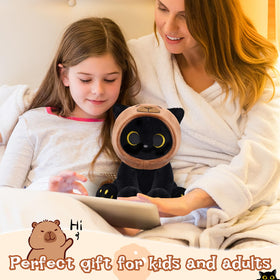 Hagusahuo black cat plush with removable capybara hood for imaginative play