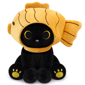 Hagusahuo black cat plush with removable taiyaki hood for versatile play