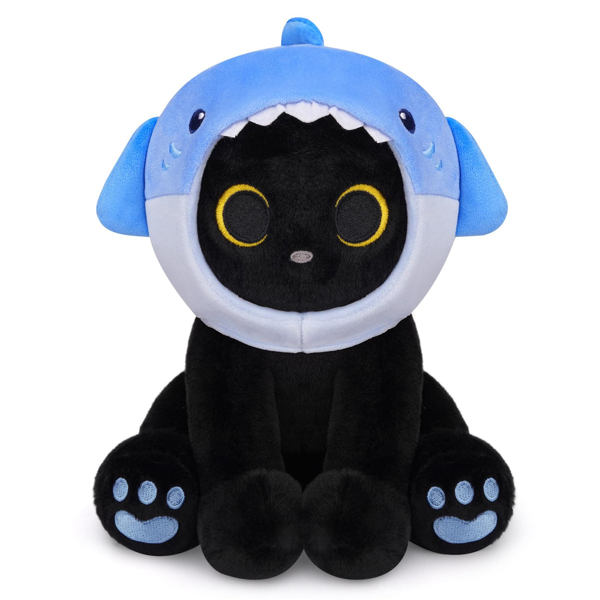 Hagusahuo Shark Cat Plush full view with blue removable hood for cuddly play