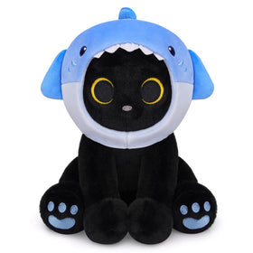Hagusahuo Shark Cat Plush full view with blue removable hood for cuddly play