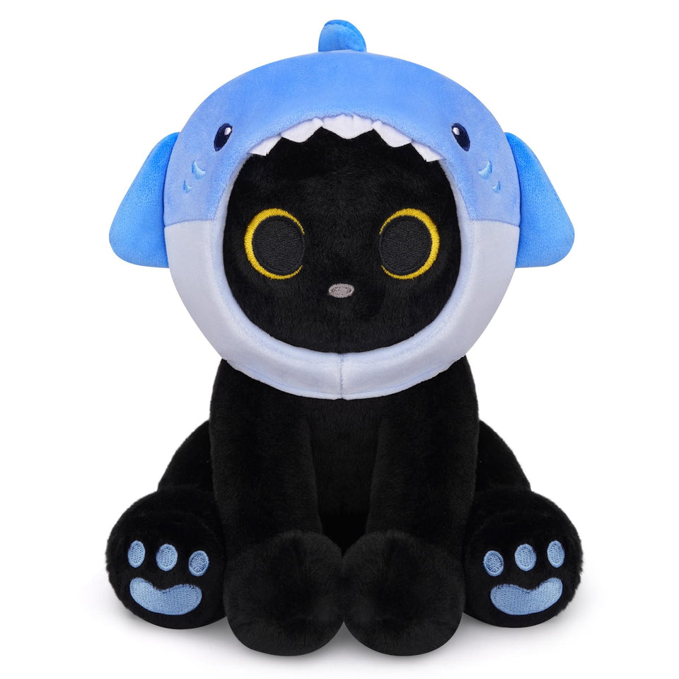 Hagusahuo Shark Cat Plush full view with blue removable hood for cuddly play