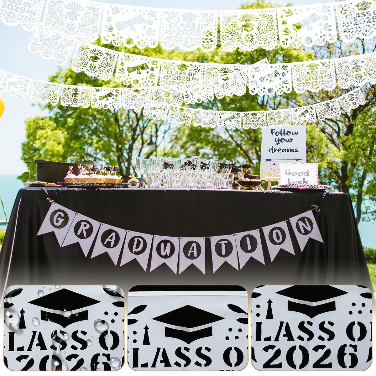 Hahafelt banners with perforated rope for easy hanging indoors or outdoors.