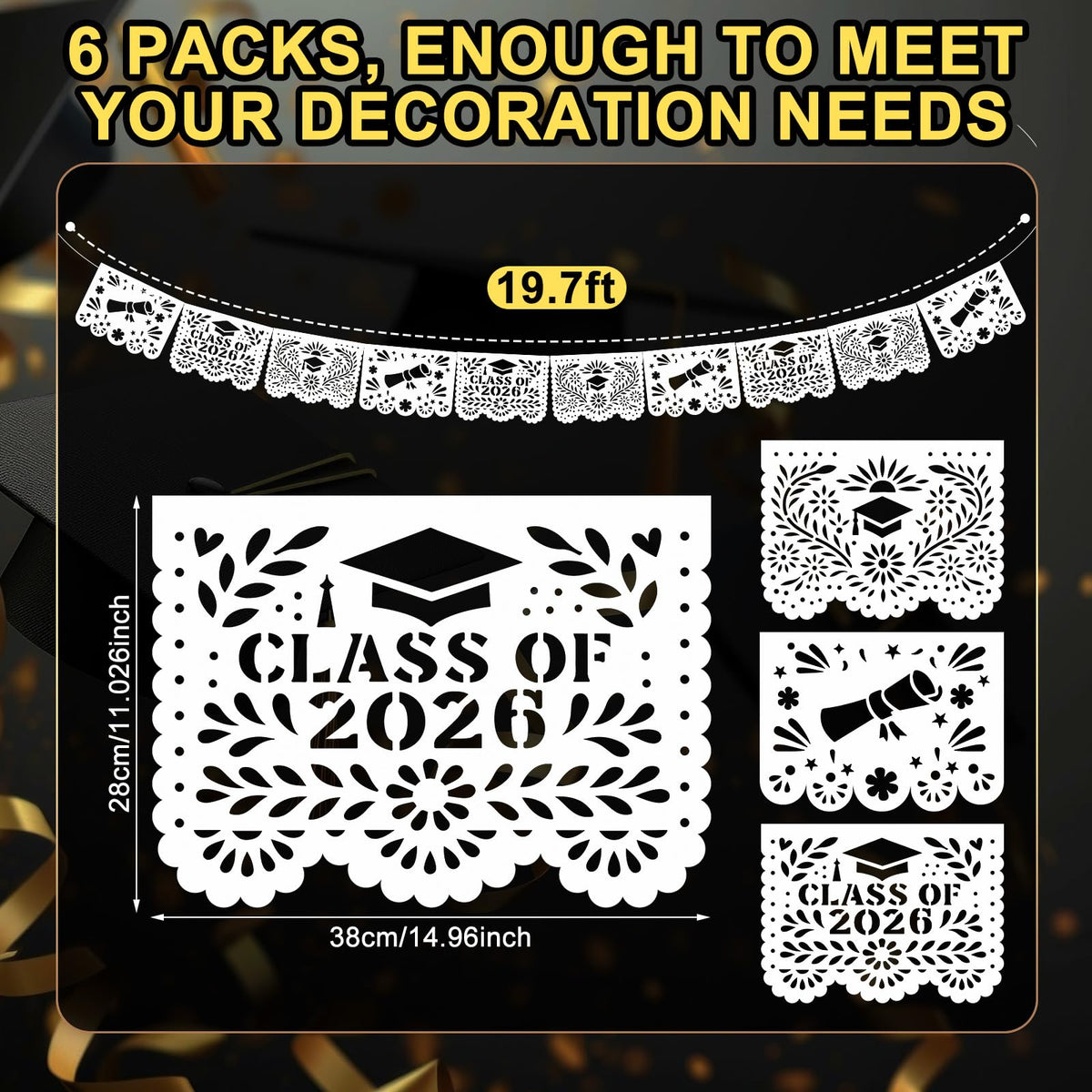 Hahafelt papel picado design banner with bold black and white motifs.