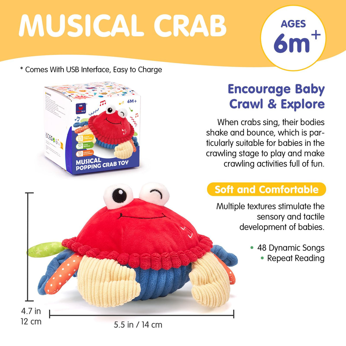 Hahaland crab toy with 48 songs sparks musical awareness and imagination.