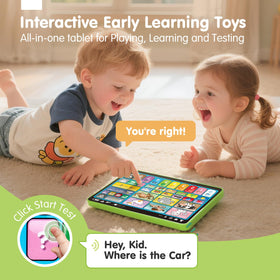Hahaland tablet with vehicles to support vocabulary and storytelling play.
