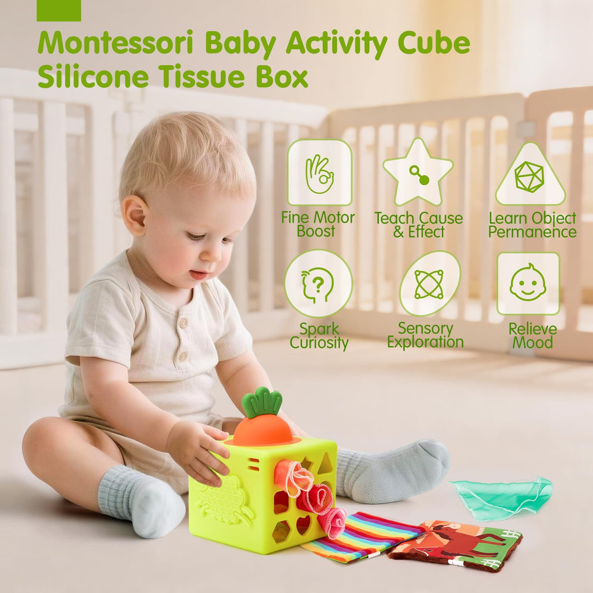 Hahaland 6-in-1 Montessori activity cube fosters independent play and fine motor skills.