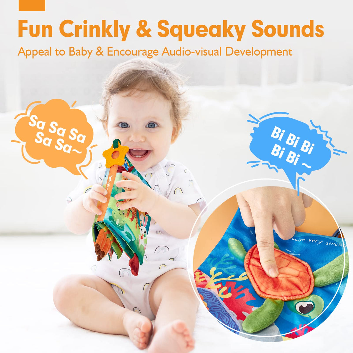 Hahaland crinkly pages and squeaker encourage auditory and tactile play.
