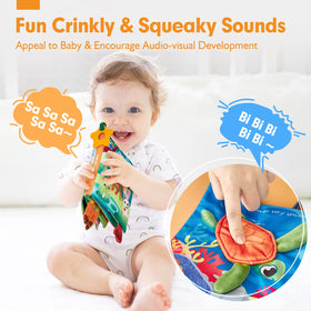 Hahaland crinkly pages and squeaker encourage auditory and tactile play.